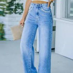 blue weathered accent pocket wide leg jeans